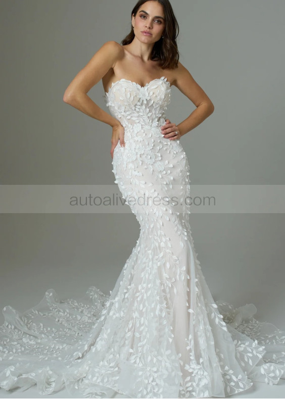 Strapless Ivory Lace Glitter Tulle Romantic Wedding Dress